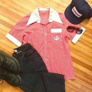Handmade Vintage 70’s Red Striped Button-up Shirt with Anchor Detail